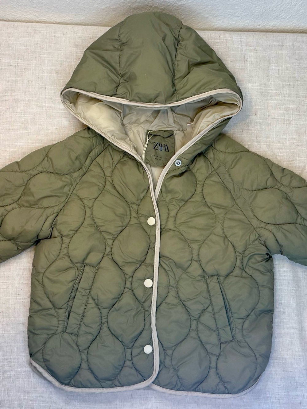 Zara Kids Olive Green Quilted Hooded Puffer with Cream Trim